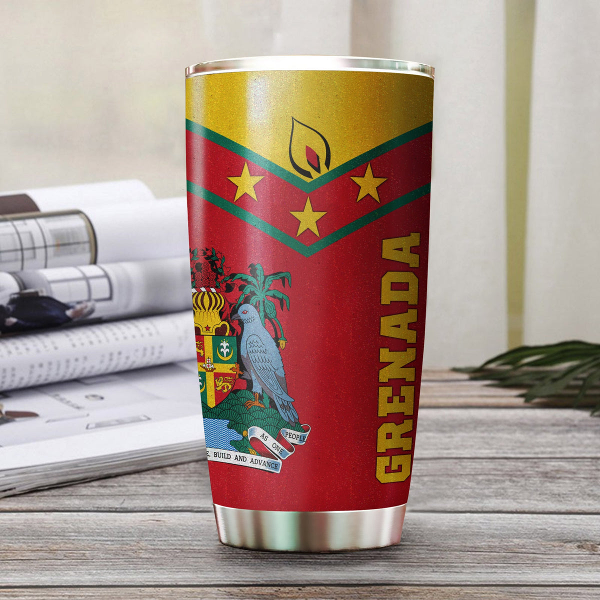 Red tumbler with Grenada flag graphic, stainless lid and base