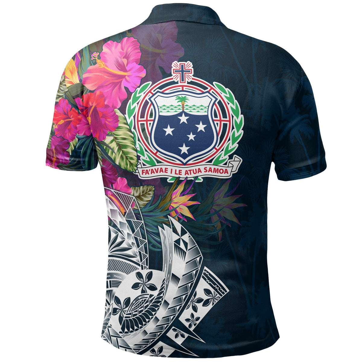 Blue Samoa polo back with large crest, pink flowers, and tribal sail print