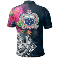 Blue Samoa polo back with large crest, pink flowers, and tribal sail print