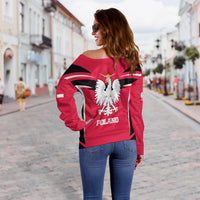 Women’s red off-shoulder sweater, back view with Poland eagle graphic and flag stripes