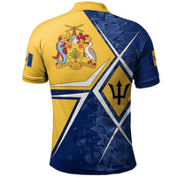 Back view of yellow and navy Barbados polo with large crest and geometric pattern