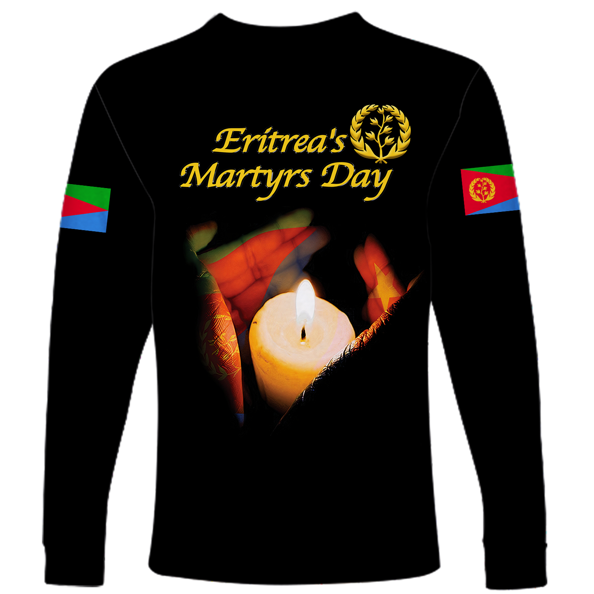 Black unisex long-sleeve shirt with “Eritrea's Martyrs Day” candle print