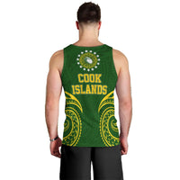 Back view: green rugby tank top with tribal crest and “Cook Islands” text