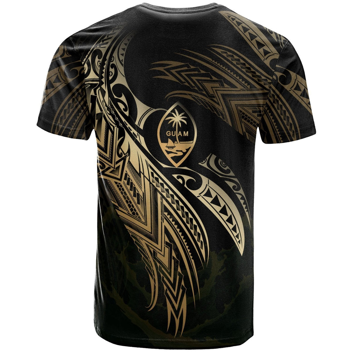 Black Guam T-shirt with large gold tribal pattern and crest graphic on the back
