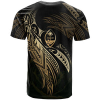 Black Guam T-shirt with large gold tribal pattern and crest graphic on the back