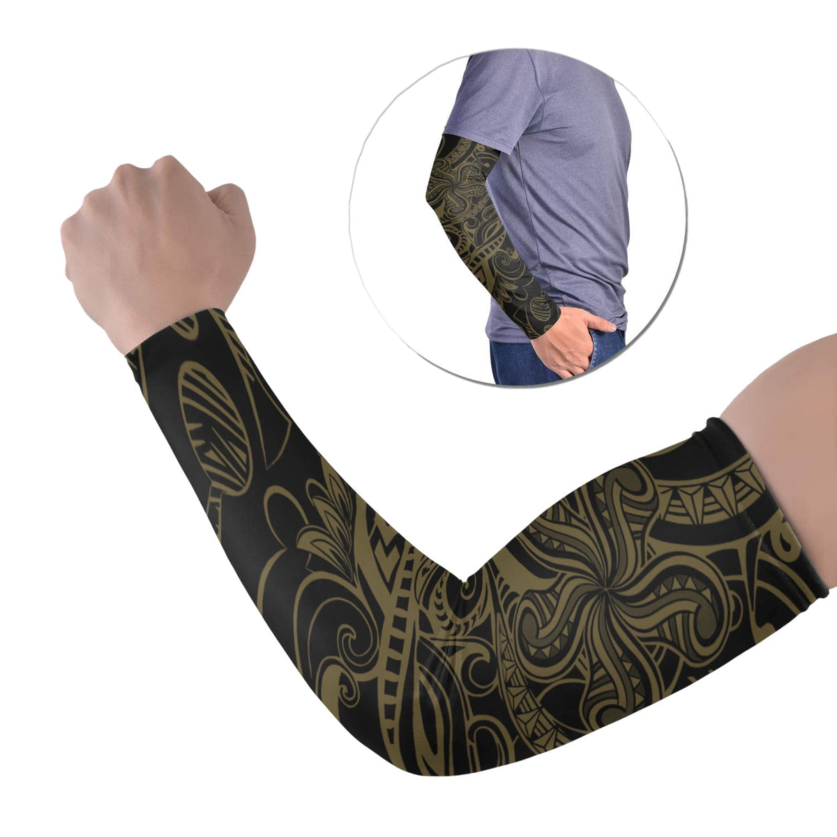 Black Polynesian tattoo arm sleeves set of two, ornate gold tribal pattern