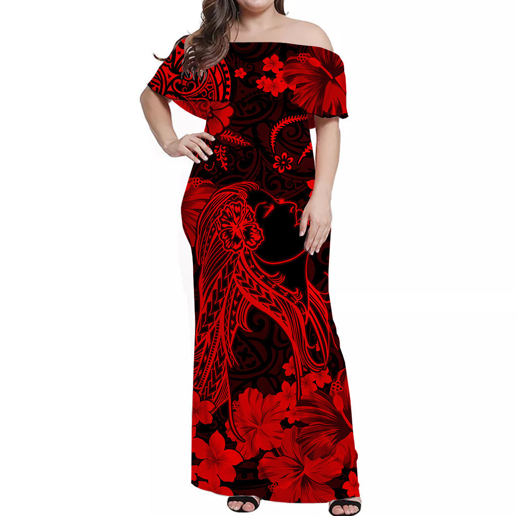 Off-shoulder long maxi dress in red/black floral paisley print, fitted