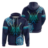 Blue pullover hoodie: front Valknut emblem, back large Valknut chest graphic