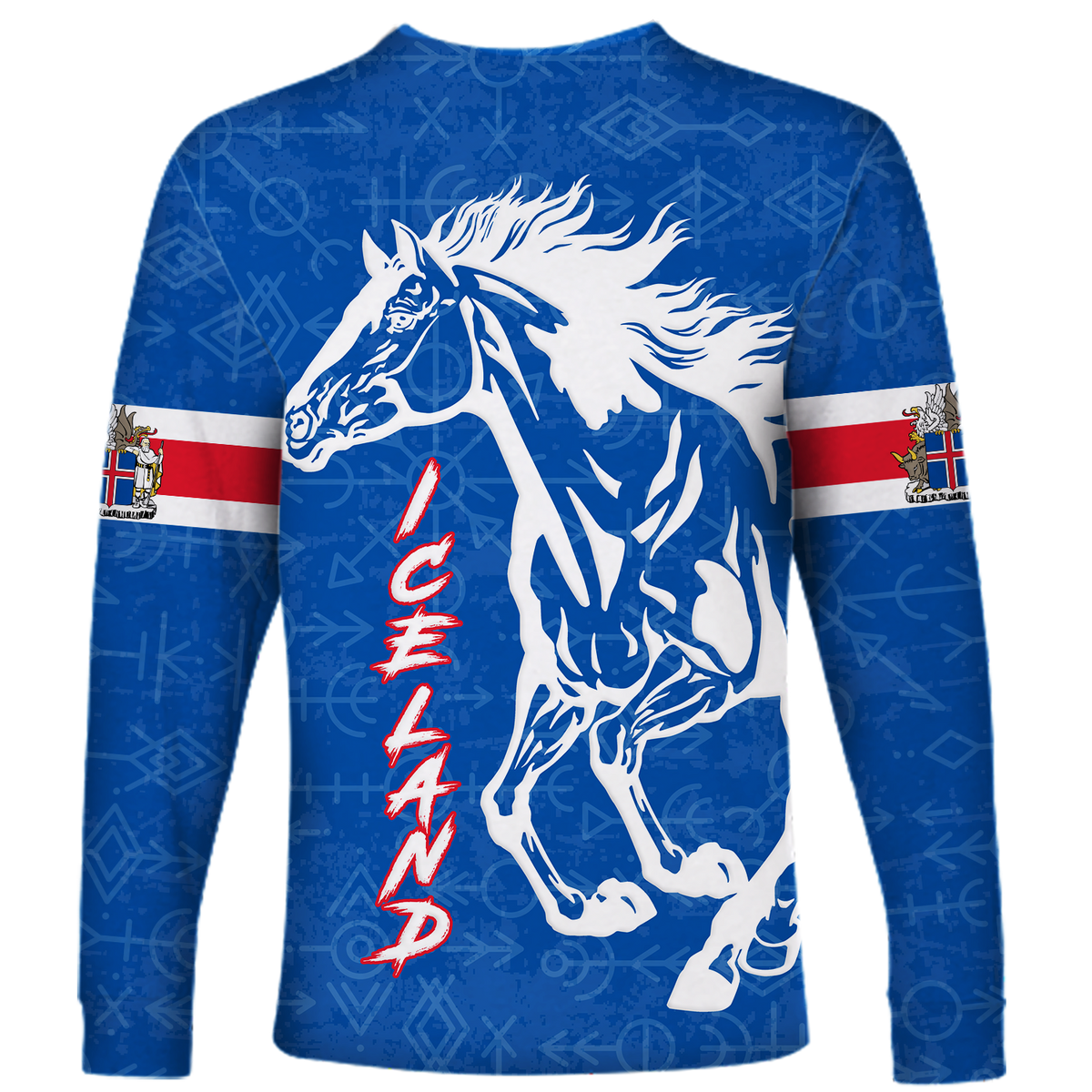 Blue long-sleeve shirt with white horse graphic; red stylized text and flag stripe sleeves