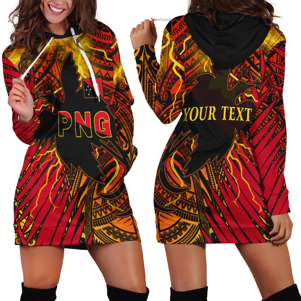 Hoodie dress with black hood, colorful PNG Polynesian graphic, and kangaroo pocket