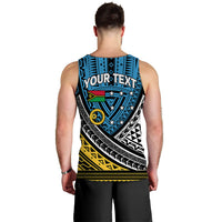 Men's blue tribal print tank top with large back graphic and sleeveless cut