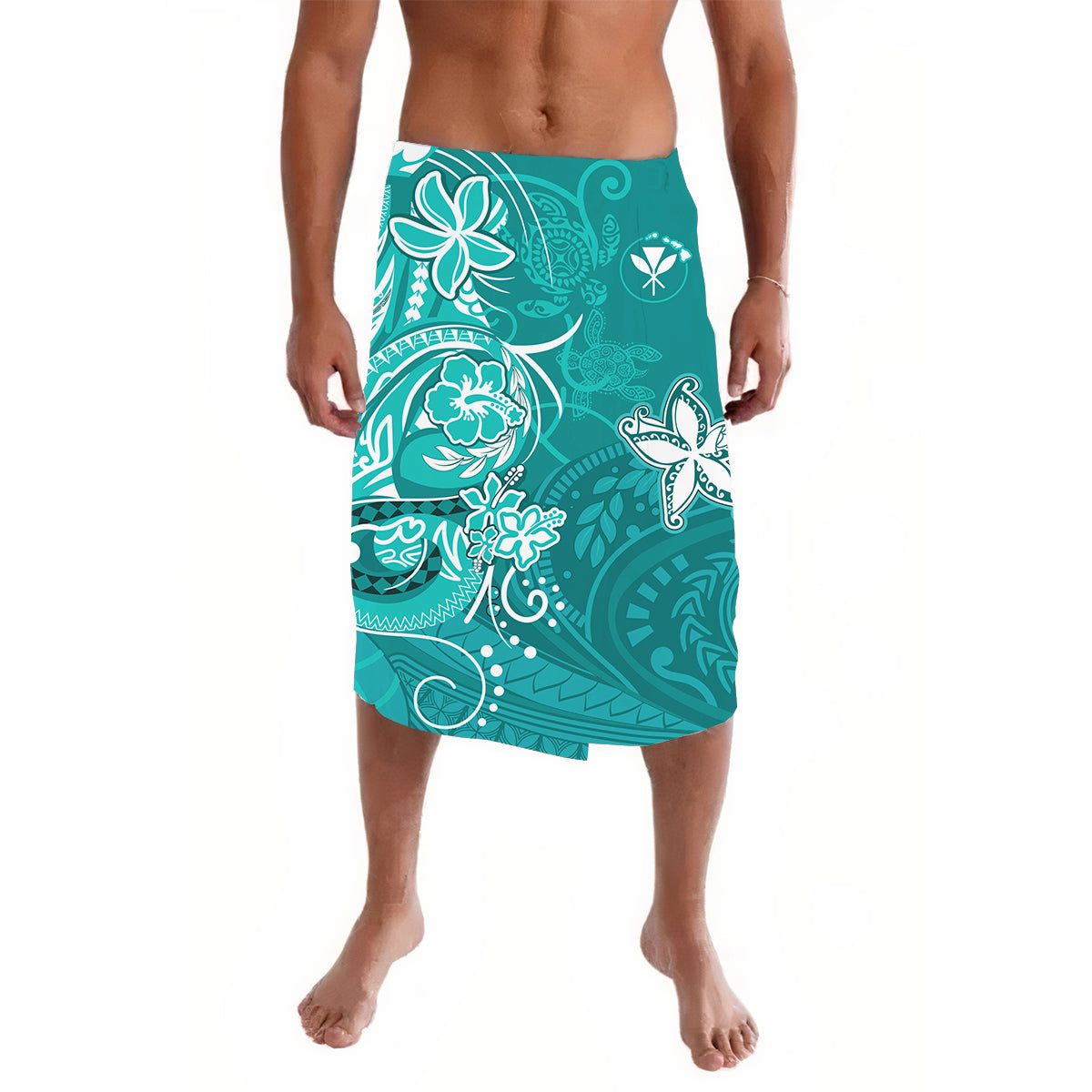 Turquoise lavalava sarong with sea turtle, starfish, floral and tribal patterns