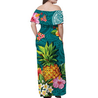 Off-shoulder long dress in teal with pineapple and floral print, back view