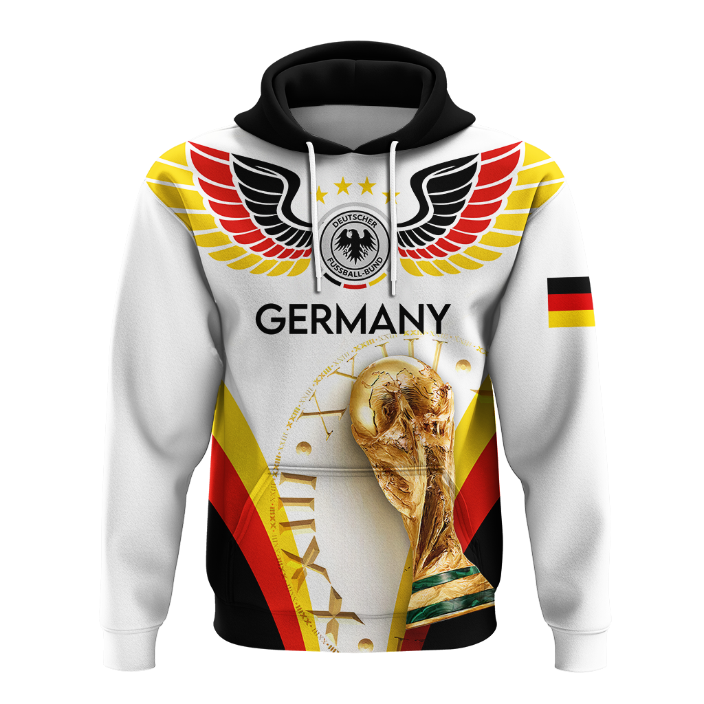 White pullover hoodie with black hood, Germany badge, eagle wings, trophy artwork