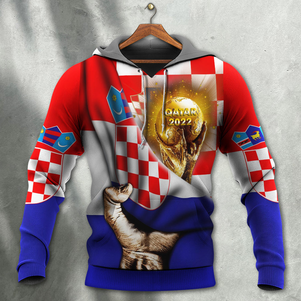Croatia flag zip hoodie with Qatar 2022 graphic, red white blue check, gray hood