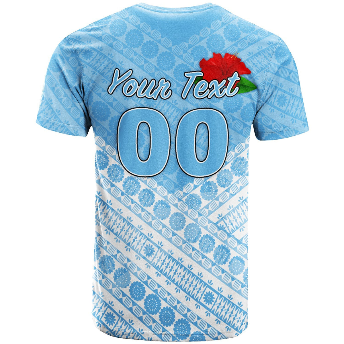 Blue rugby T-shirt back with customizable text and large '00' digits, tapa pattern