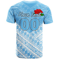 Blue rugby T-shirt back with customizable text and large '00' digits, tapa pattern