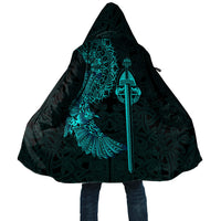 Black hooded tattoo-style cloak with teal raven and sword graphic, unisex
