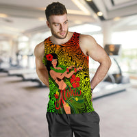 Men's tank top with front hula dancer graphic and 'Aloha' text, bright green and orange
