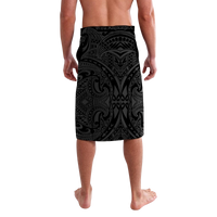 Men's lavalava shorts with black tribal tattoo print, back view, knee length