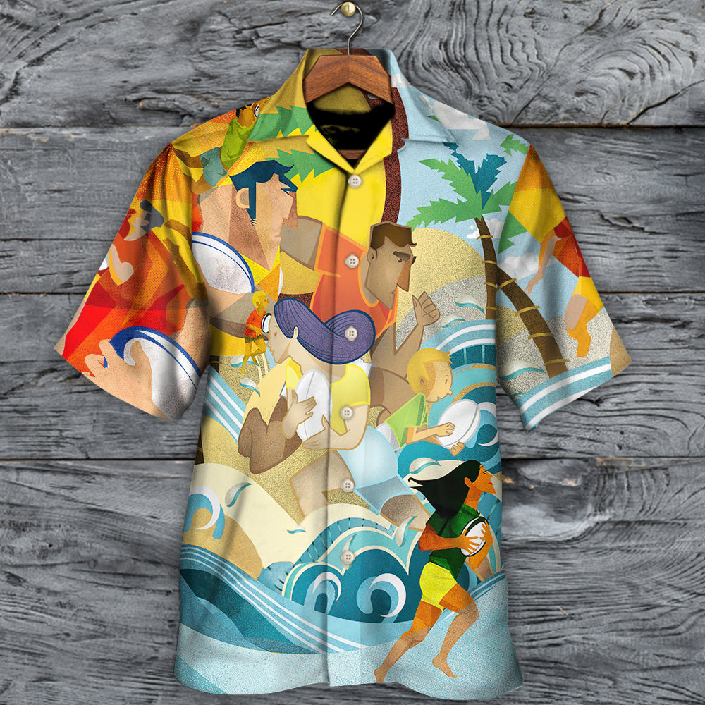 Rugby beach Hawaiian shirt with colorful beach sports illustrated all-over print, button-front