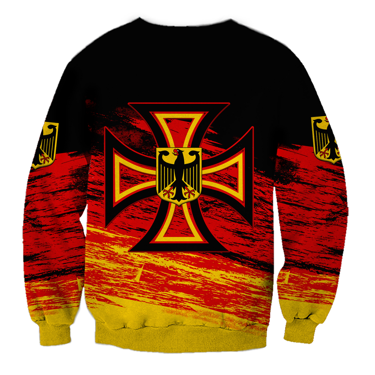 Red and yellow Iron Cross pride sweatshirt, black unisex crewneck back view emblem