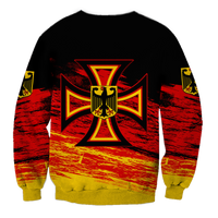 Red and yellow Iron Cross pride sweatshirt, black unisex crewneck back view emblem