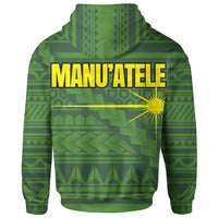 Pullover hoodie verde con estampado de bandera polinesia en la espalda, Manu'Atel
