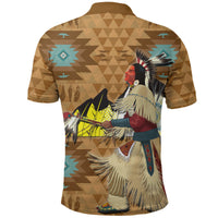 Tan polo shirt back print with Native American chief, turquoise diamond pattern, short sleeves