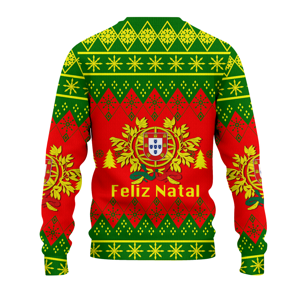 Christmas ugly pattern sweatshirt front in green and red with gold Feliz Natal lettering