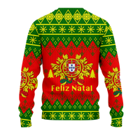 Christmas ugly pattern sweatshirt front in green and red with gold Feliz Natal lettering