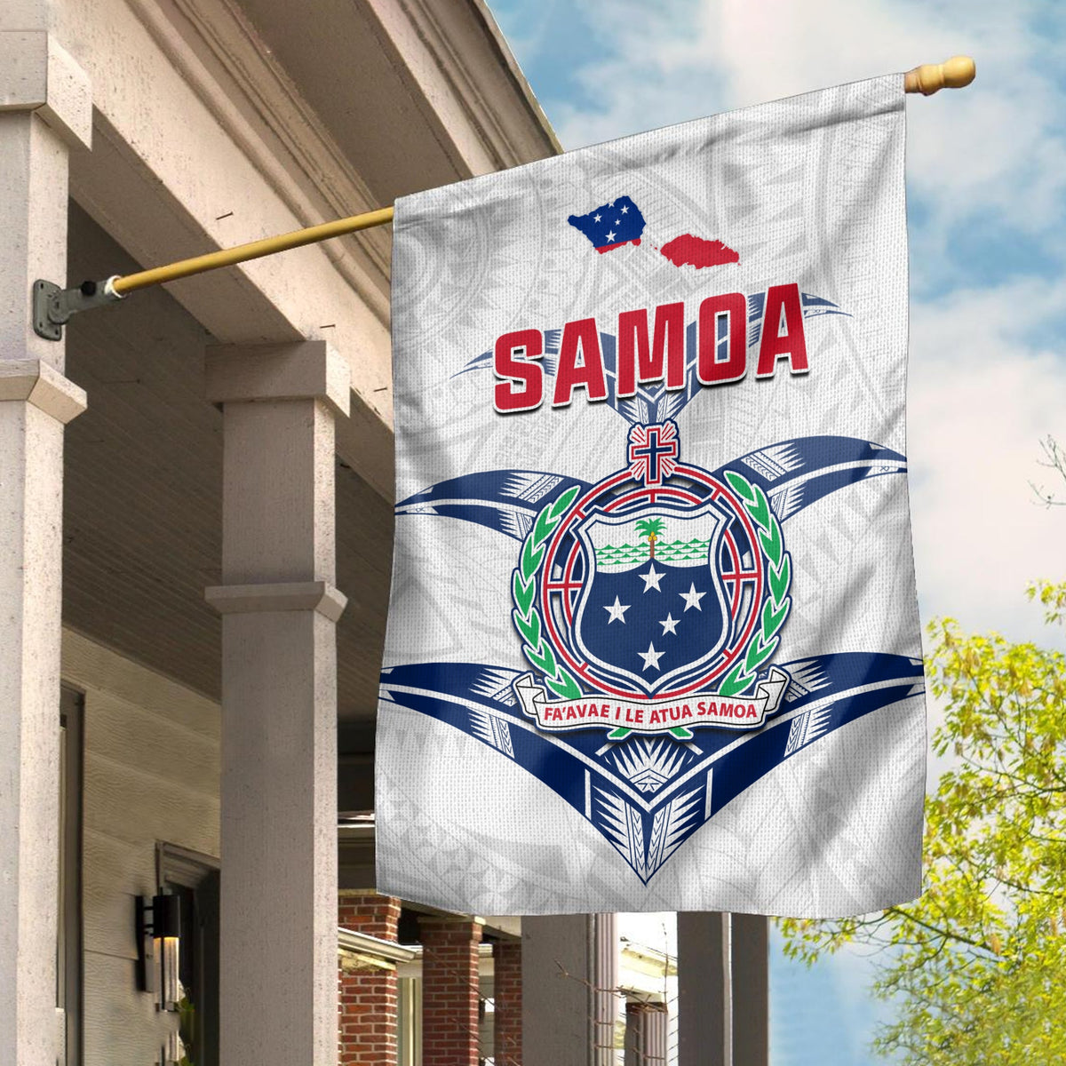 Samoa rugby flag on a pole, white fabric with red SAMOA text and crest emblem.