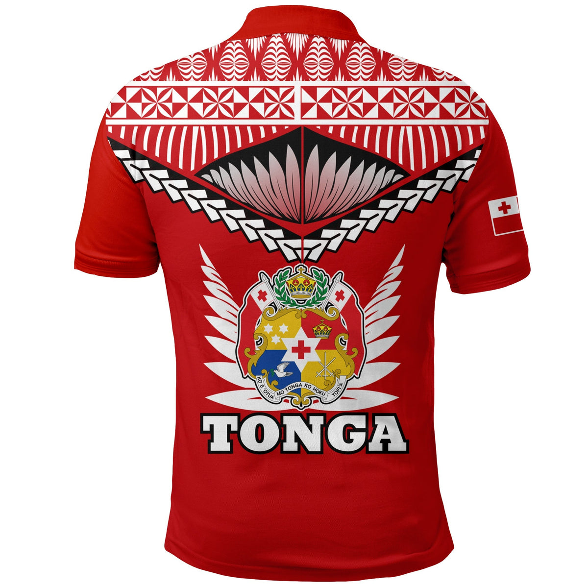 Red Tonga polo shirt back view with winged crest and TONGA text graphic