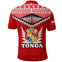 Red Tonga polo shirt back view with winged crest and TONGA text graphic