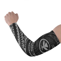 Black tribal wave arm sleeves on model arms, long fitted coverage over forearm