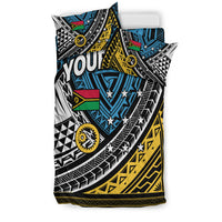 Blue and gold tribal bedding set, duvet and two pillow covers with 'YOUR TEXT'
