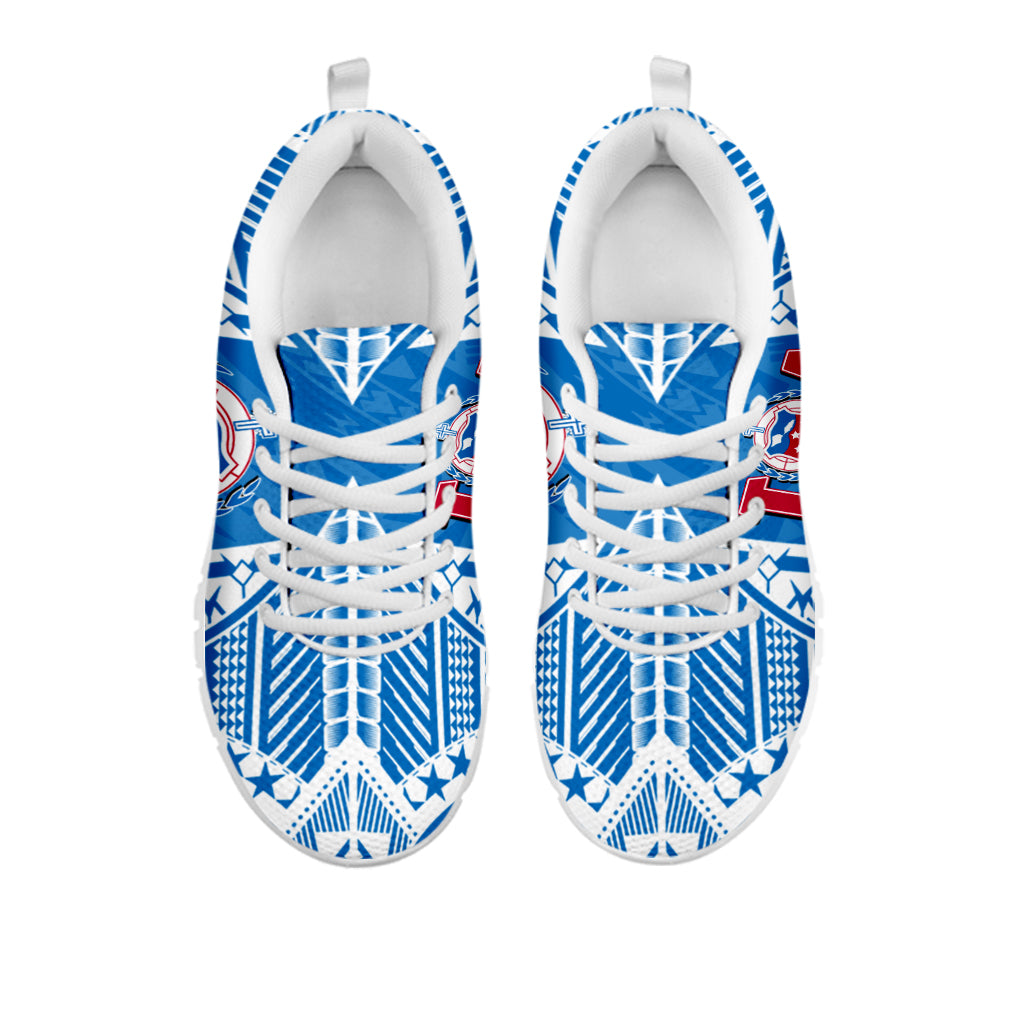 White and blue rugby sneaker, lace-up with star-and-flag pattern, cushioned interior