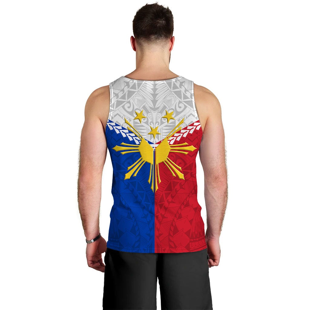 Men tank top back: red/blue flag graphic with yellow sun and stars