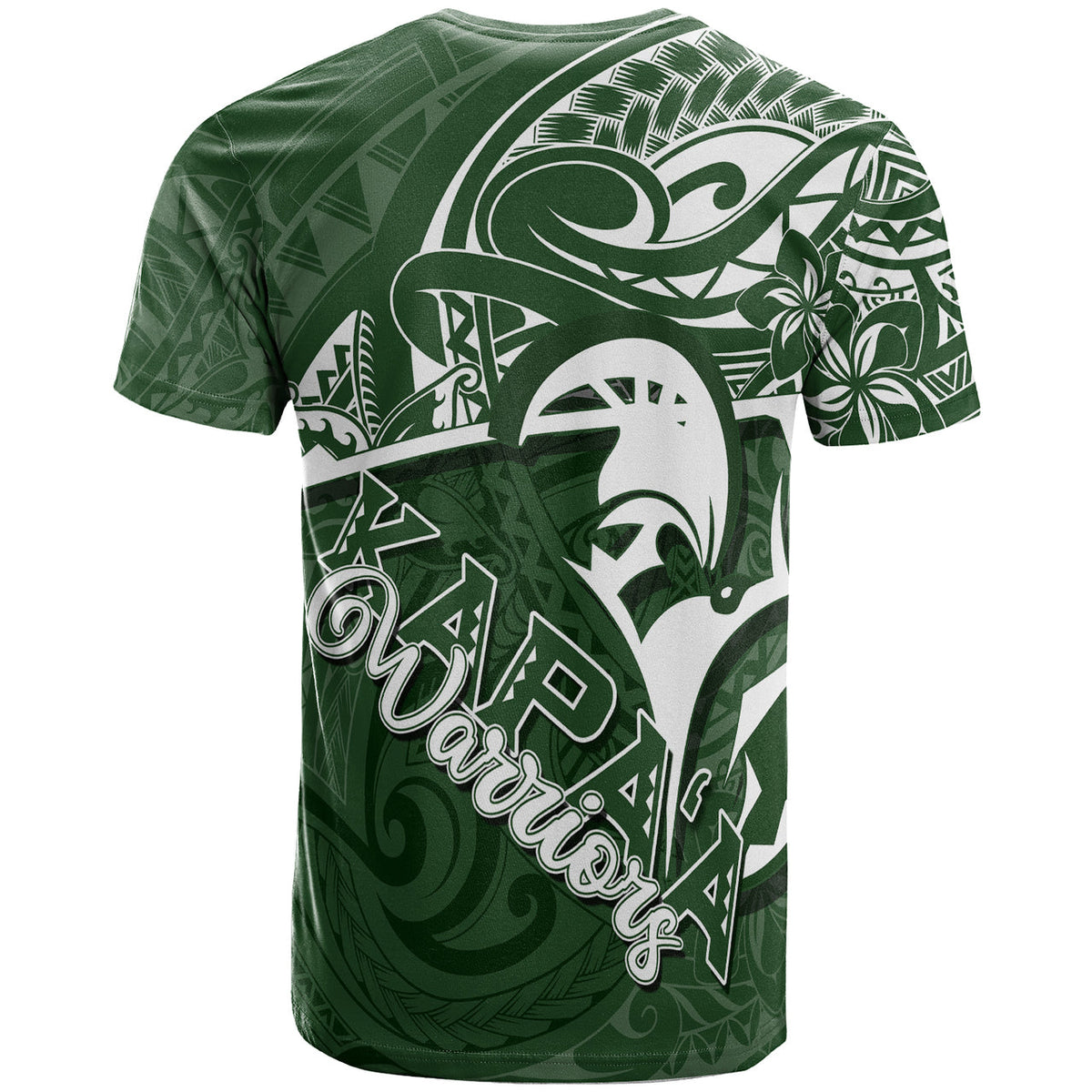 Green Hawaiian tribal graphic T-shirt with white dolphin emblem and tribal pattern sleeves