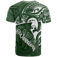 Green Hawaiian tribal graphic T-shirt with white dolphin emblem and tribal pattern sleeves