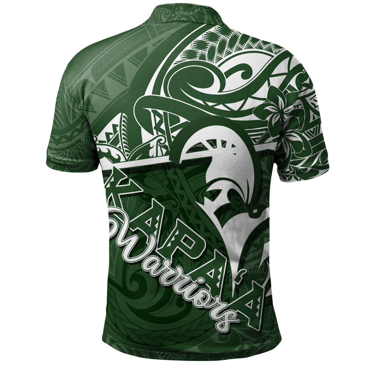 Green polo shirt back view with Polynesian tribal pattern and large white bird graphic