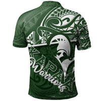 Green polo shirt back view with Polynesian tribal pattern and large white bird graphic
