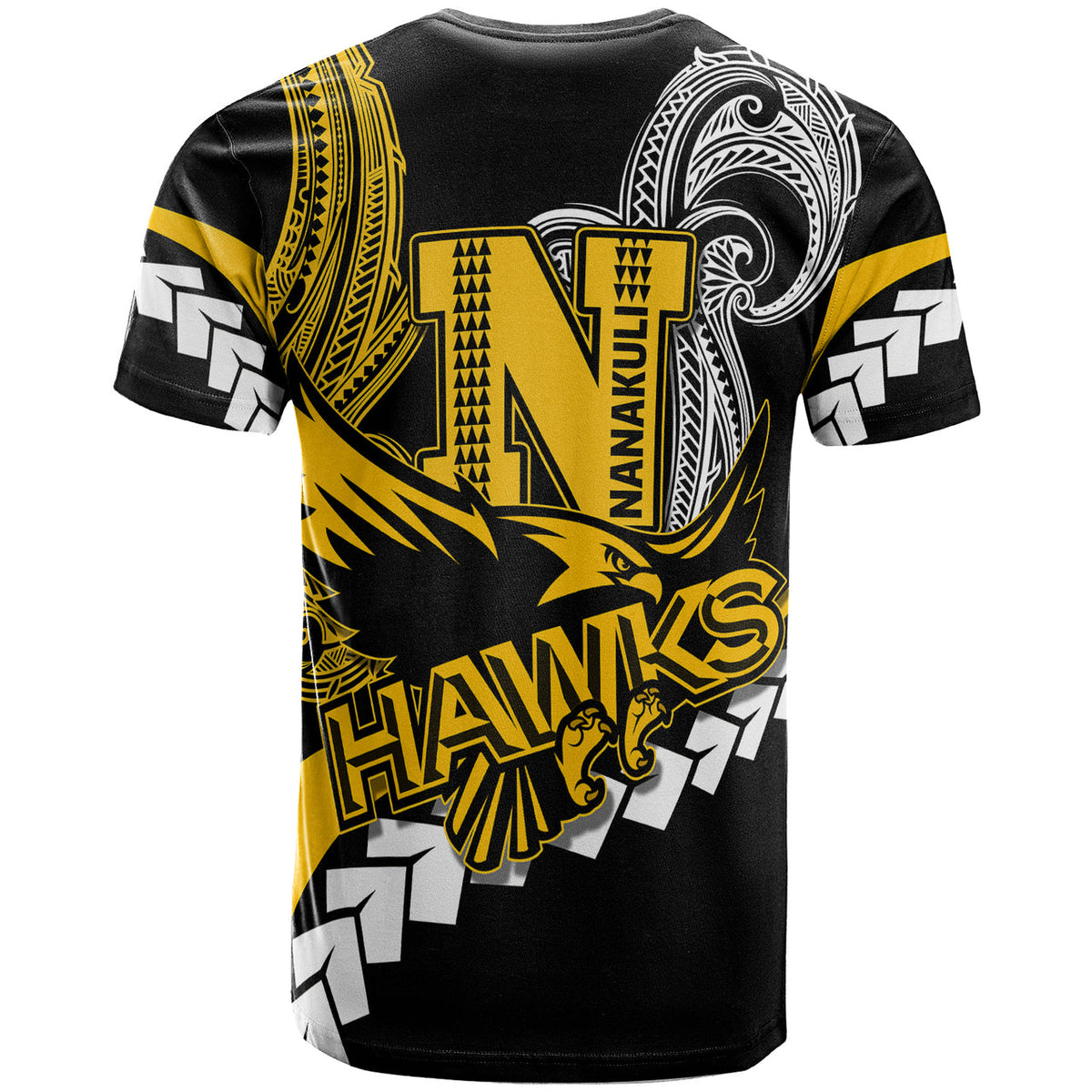 Black T-shirt back with yellow N crest, tribal waves, and 'Nanakuli' vertical print