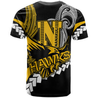 Black T-shirt back with yellow N crest, tribal waves, and 'Nanakuli' vertical print
