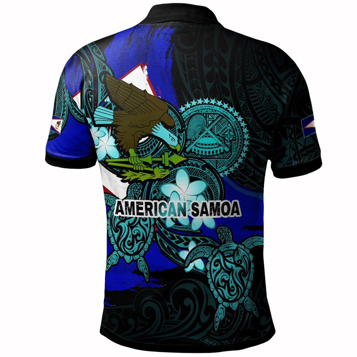 Rückseite Polo-Shirt: großer Adler über polynesischen Ornamenten, American Samoa