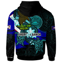 Pullover hoodie back: black hood, teal floral patterns, bald eagle and “AMERICAN SAMOA”