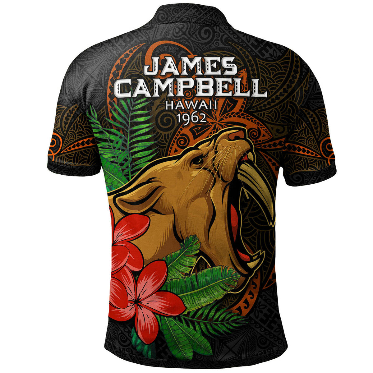Dark polo shirt with orange accents, back tropical tribal pattern with rooster and flowers
