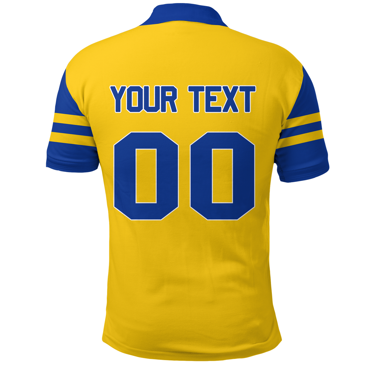Back of yellow hockey pride polo: 'YOUR TEXT' and large blue numbers