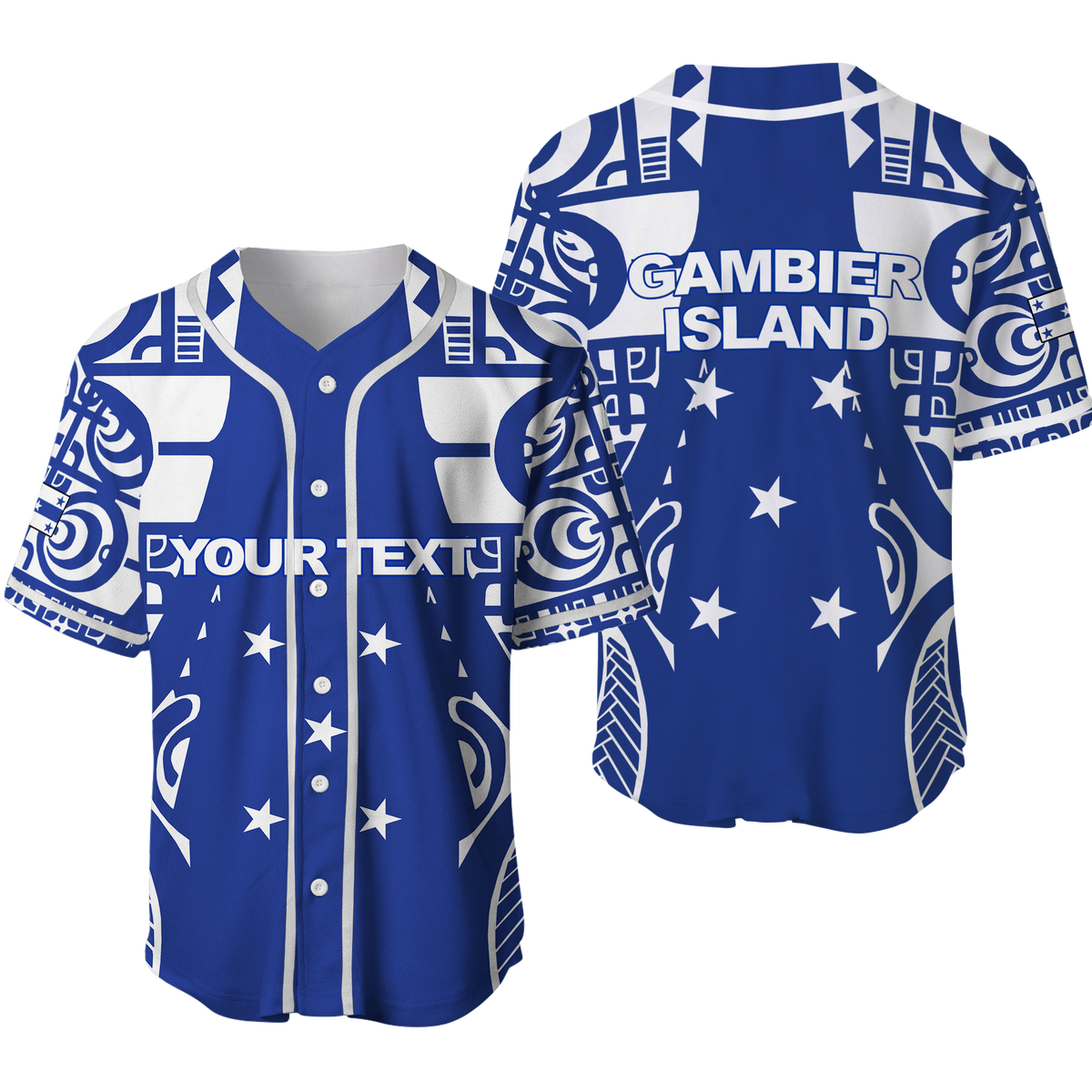 Blaues Tribal-Baseballtrikot, weißes Muster mit Sternen, Knopfleiste