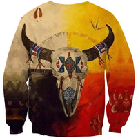 Multicolor bison skull sweatshirt with yellow-to-red gradient and large centered skull print